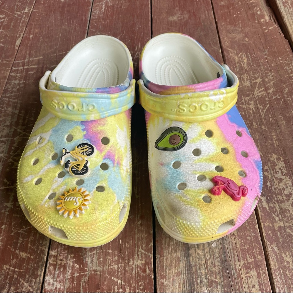 CROCS Yellow and Pink Pastel Tie Dye Slip On’s with Decorative Charms